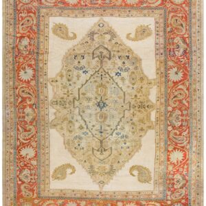 Ivory & Coral Red Color and Expressive Medallion Design Antique Persian Sultanabad Rug