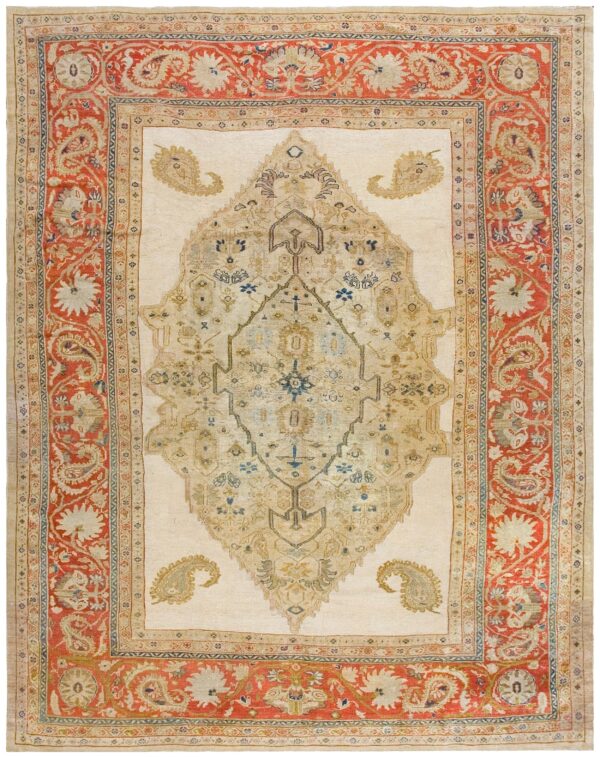 Ivory & coral red color and expressive medallion design antique persian sultanabad rug 1 Ivory & coral red color and expressive medallion design antique persian sultanabad rug