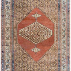 1880s Ivory Salmon Diamond Antique Persian Bakshaiesh Rug 15' X 18' Knotted Pile Wool Carpet