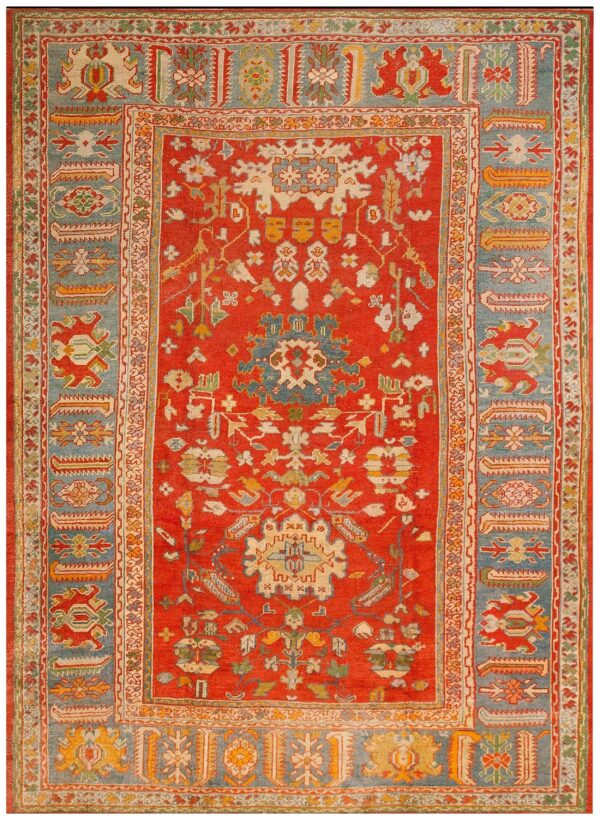 Impressive red color large pattern antique room size turkish oushak rug 1 Impressive red color large pattern antique room size turkish oushak rug