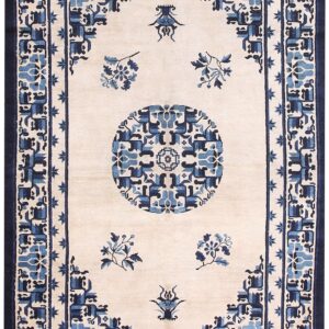 1880s Ivory Medallion Antique Chinese Ningxia Rug 5' 4" X 8' 3" Handknotted Wool Carpet