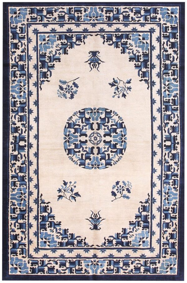 1880s ivory medallion antique chinese ningxia rug 5' 4" x 8' 3" handknotted wool carpet
