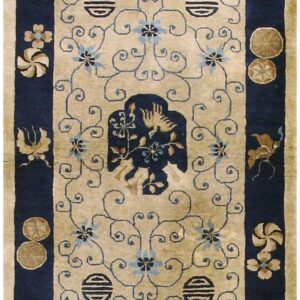 1930s Beige Floral Shou Antique Chinese Peking Rug 3' 0''x 4' 10'' Handknotted Wool Carpet
