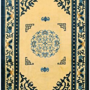 1920s Beige Medallion Antique Chinese Peking Rug 6' X 8'7" Handknotted Wool Carpet