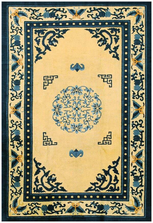 1920s beige medallion antique chinese peking rug 6' x 8'7" handknotted wool carpet