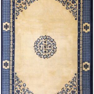 1890s Beige Medallion Antique Chinese Peking Rug 8'10" X 11'8" Handknotted Wool Carpet