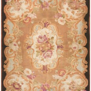 1850s Brown Medallion Floral Antique French Aubusson Carpet 8'10" X 10'10" Louis Philippe Period Wool Rug