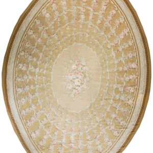 Great Tan Beige and Ivory Color With Florid Design Oval Antique Aubusson Rug