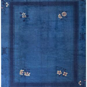 1910s Blue Open Field Shou Symbol Antique Chinese Peking Rug 8'x9'8" Handknotted Wool Carpet