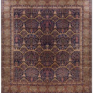 1920s Blue Navy Floral Antique Indian Lahore Rug 18'0" X 18'0" Handknotted Wool Carpet
