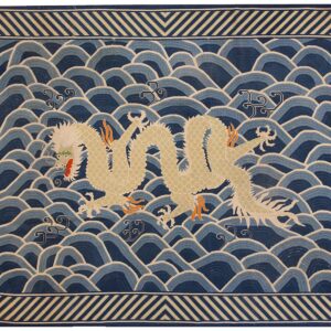Antique English Pontremoli Needlepoint Rug With a Unique Dragon in the Centre