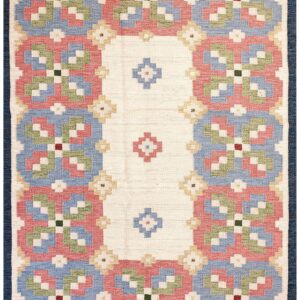 1960s Ivory Geometric Vintage Swedish Scandinavian Flat Weave Kilim Rug 5'9" X 8' by Judith Johansson Wool Carpet