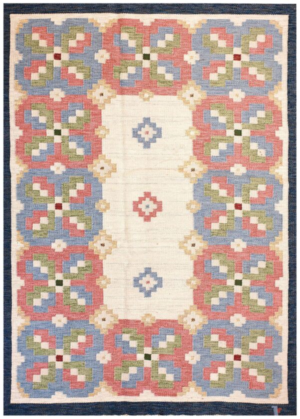 1960s ivory geometric vintage swedish scandinavian flat weave kilim rug 5'9" x 8' by judith johansson wool carpet