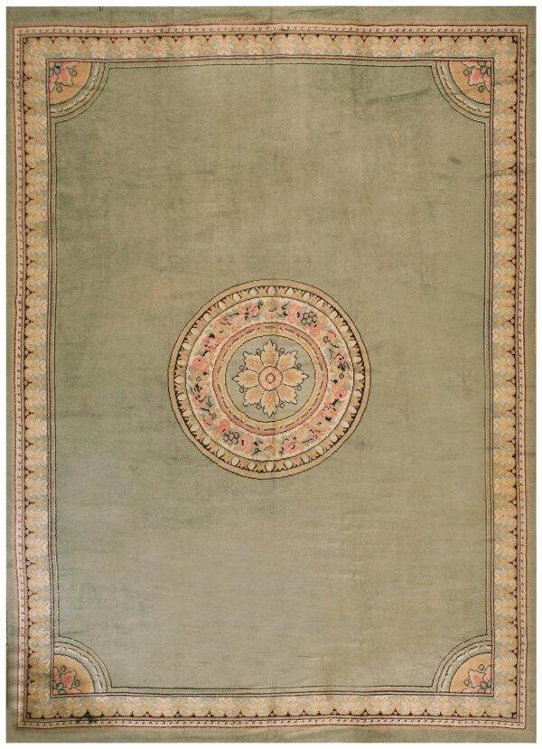 1900s green asparagus medallion antique irish donegal arts & crafts rug 12'6" x 18' knotted wool carpet 1 1900s green asparagus medallion antique irish donegal arts & crafts rug 12'6" x 18' knotted wool carpet