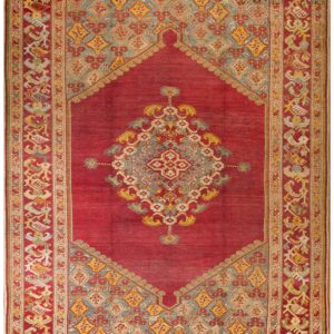 Spellbinding Red-Raspebery Fiedl With Delicate Medallion Pattern Antique Turkish Ghiordes Oushak Rug
