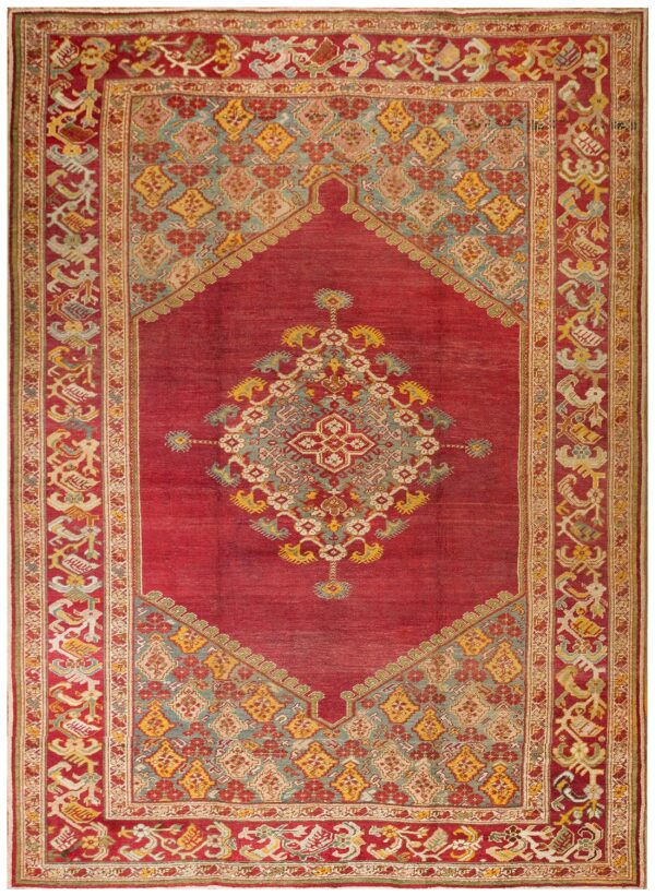 Spellbinding red-raspebery fiedl with delicate medallion pattern antique turkish ghiordes oushak rug 1 Spellbinding red-raspebery fiedl with delicate medallion pattern antique turkish ghiordes oushak rug