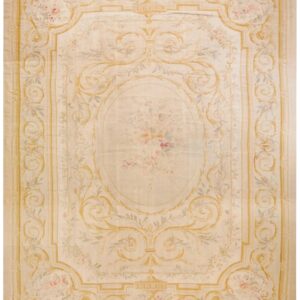 1900s Ivory Gold Medallion Antique European Aubusson Carpet 12'9"x17'3" Flatwoven Wool Rug