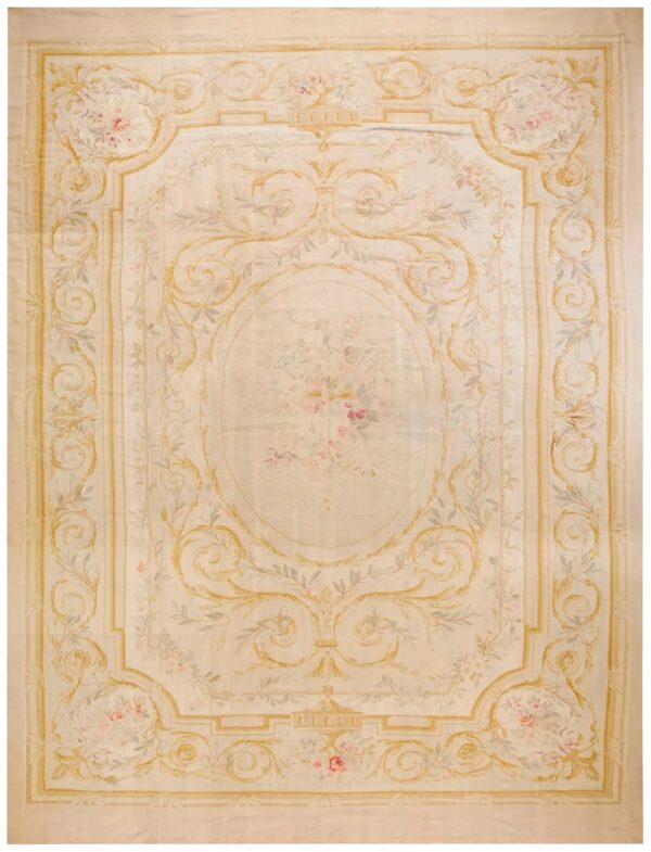 1900s ivory gold medallion antique european aubusson carpet 12'9"x17'3" flatwoven wool rug 1 1900s ivory gold medallion antique european aubusson carpet 12'9"x17'3" flatwoven wool rug