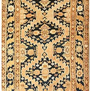 Charming Tan-Camel Background Color and Black Border With Rhombus Pattern Antique Caucasian Karabagh Rug