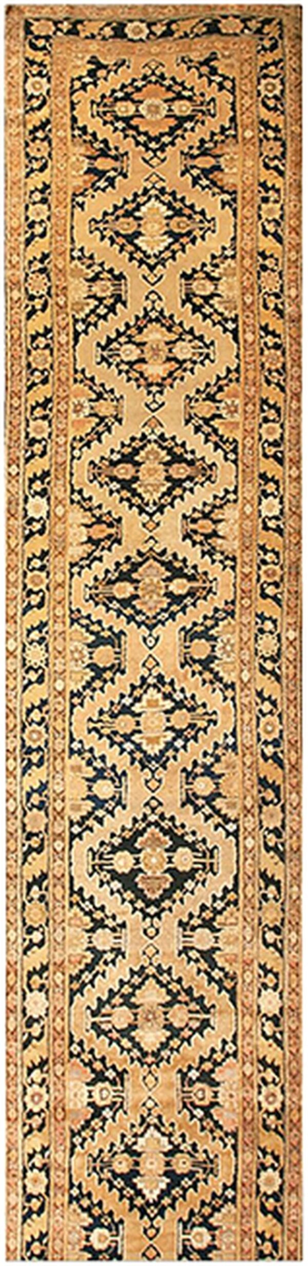 Charming tan-camel background color and black border with rhombus pattern antique caucasian karabagh rug