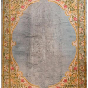 Aesthetic Tulips Border in a Aqua Ground Antique Irish Donegal Arts & Crafts Rug