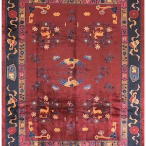 1900s Ruby Red Floral Medallion Antique Chinese Art Deco Rug 9'4" X 11'6" Handknotted Wool Carpet