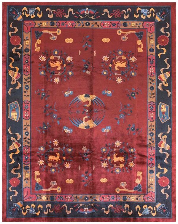 1900s ruby red floral medallion antique chinese art deco rug 9'4" x 11'6" handknotted wool carpet