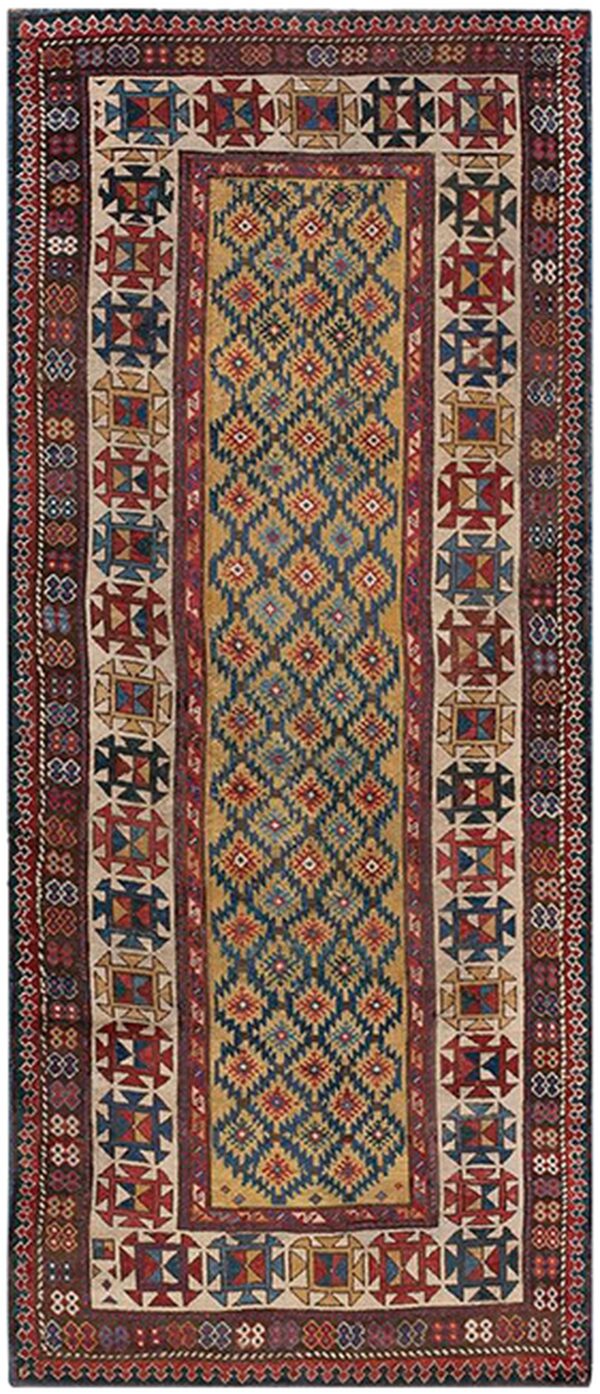 1890s yellow diamond antique caucasian talish carpet 3'4" x 7'6" knotted wool rug