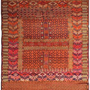 1900s Red Geometric Antique Baluch Turkmen Tekke Ensi Rug 4' 1'' X 4' 6'' Handknotted Wool Carpet