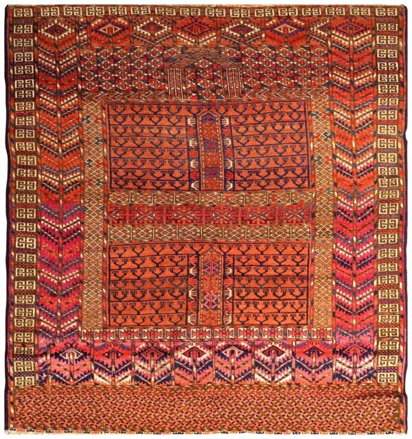 1900s red geometric antique baluch turkmen tekke ensi rug 4' 1'' x 4' 6'' handknotted wool carpet