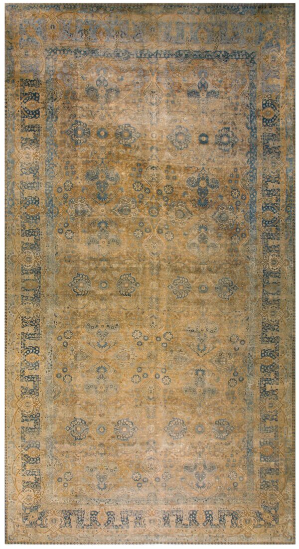 1920s tan camel floral antique persian kerman rug 11' 8" x 21'8" knotted wool carpet