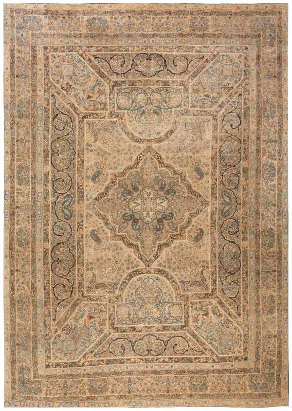 Authentic medallion design on a ivory open field antique persian kerman rug 1 Authentic medallion design on a ivory open field antique persian kerman rug