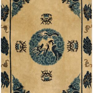 1900s Tan Beige Medallion Antique Chinese Baotou Rug 3'10''x 6'2'' Knotted Pile Wool Carpet