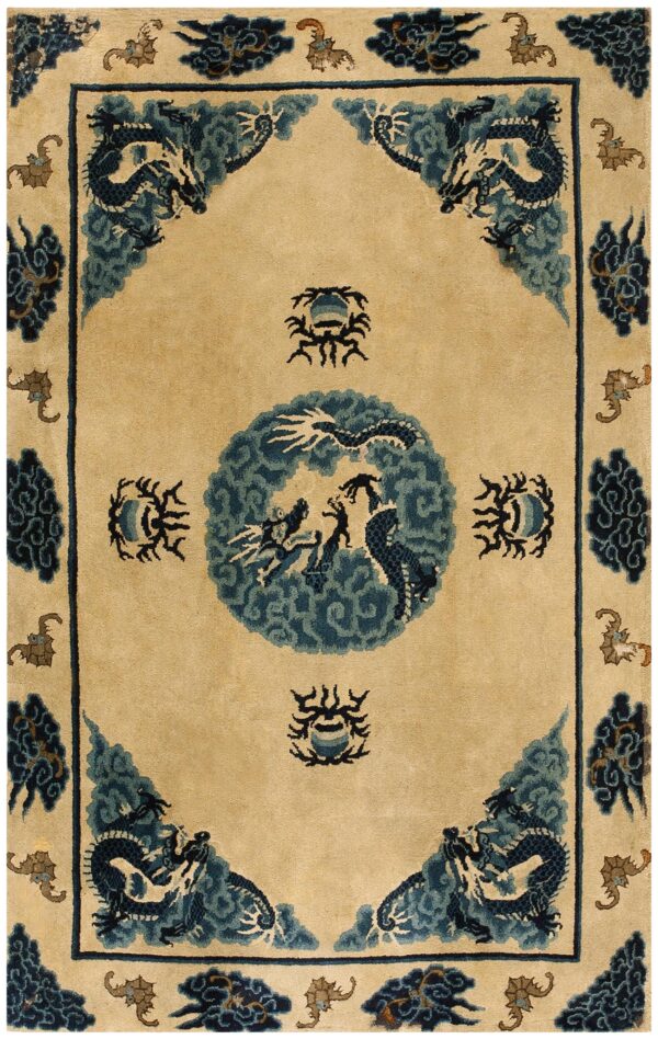 1900s tan beige medallion antique chinese baotou rug 3'10''x 6'2'' knotted pile wool carpet