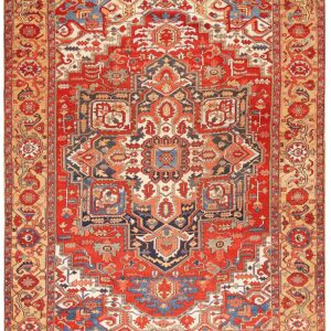 Gorgeous Red Rust Ground Color With Medallion Design Antique Persian Heriz Rug