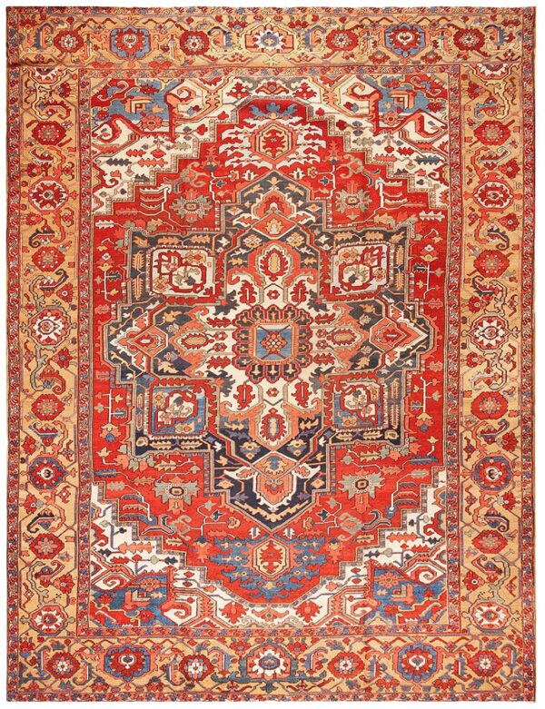 Gorgeous red rust ground color with medallion design antique persian heriz rug 1 Gorgeous red rust ground color with medallion design antique persian heriz rug