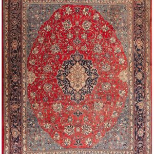 1940s Red Medallion Antique Persian Sarouk Rug 7'9"x 10'6" Handknotted Wool Carpet
