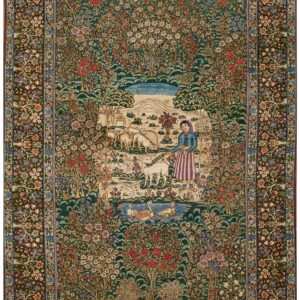 1900s Green Scene Figural Medallion Antique Persian Kerman Rug 4' 10''x 7' 9'' Knotted Pile Wool Carpet