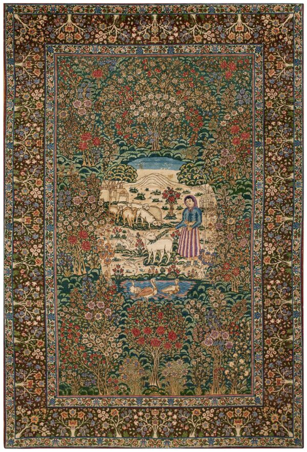 1900s green scene figural medallion antique persian kerman rug 4' 10''x 7' 9'' knotted pile wool carpet 1 1900s green scene figural medallion antique persian kerman rug 4' 10''x 7' 9'' knotted pile wool carpet