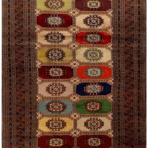 1980s Multicolor Geometric Vintage Persian Bukhara Rug 4' X 5'8'' Handknotted Wool Carpet