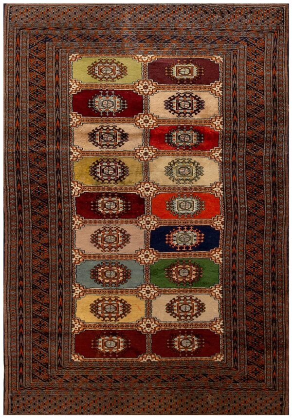 1980s multicolor geometric vintage persian bukhara rug 4' x 5'8'' handknotted wool carpet
