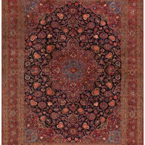 Inspiring Navy Blue and Red Color With Central Medallion Design Antique Kashan Rug