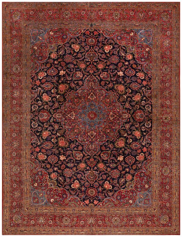 Inspiring navy blue and red color with central medallion design antique kashan rug 1 Inspiring navy blue and red color with central medallion design antique kashan rug