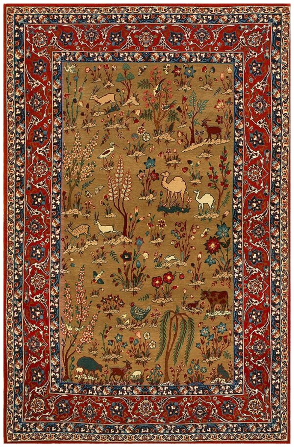 1930s tan camel floral animal antique persian isfahan rug 3' 4'' x 5' 2'' handknotted wool carpet