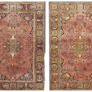1920s Pink Medallion Pair of Antique Persian Silk Qum Carpets 3' 7'' X 5' 2'' Handknotted Wool Rugs