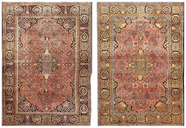 1920s pink medallion pair of antique persian silk qum carpets 3' 7'' x 5' 2'' handknotted wool rugs
