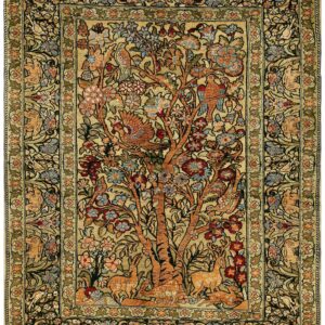 1950s Beige Floral Animal Vintage Silk Turkish Hereke Rug 2' X 3' Handknotted Wool Carpet