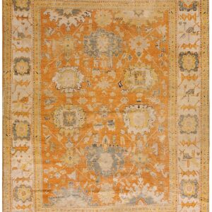1880s Orange Tangerine Large Scale Antique Turkish Oushak Rug 8'4''x 11'2'' Handknotted Wool Carpet