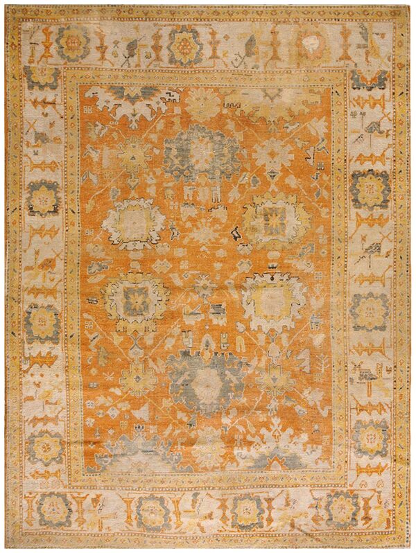1880s orange tangerine large scale antique turkish oushak rug 8'4''x 11'2'' handknotted wool carpet