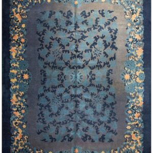 1920s Blue Foliate Antique Chinese Peking Rug 9'x11' 11" Handknotted Wool Carpet